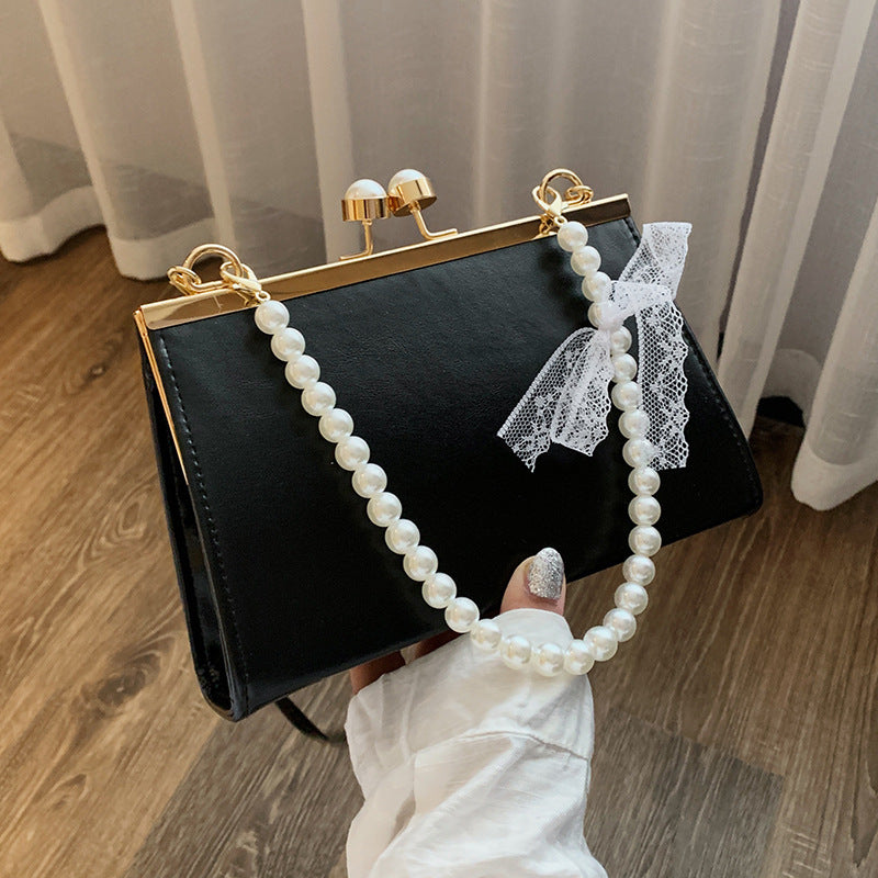 Summer Retro Leather Small Square Bag, Pearl Clip, Shoulder Messenger Bag, Simple Style Handbag My Store