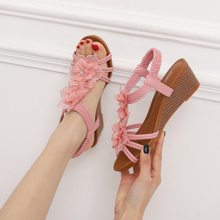 Flowers Sandals Summer Bohemia Wedges Shoes With Weave Ankle Strap M.S.K Store