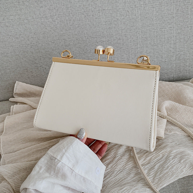 Summer Retro Leather Small Square Bag, Pearl Clip, Shoulder Messenger Bag, Simple Style Handbag My Store