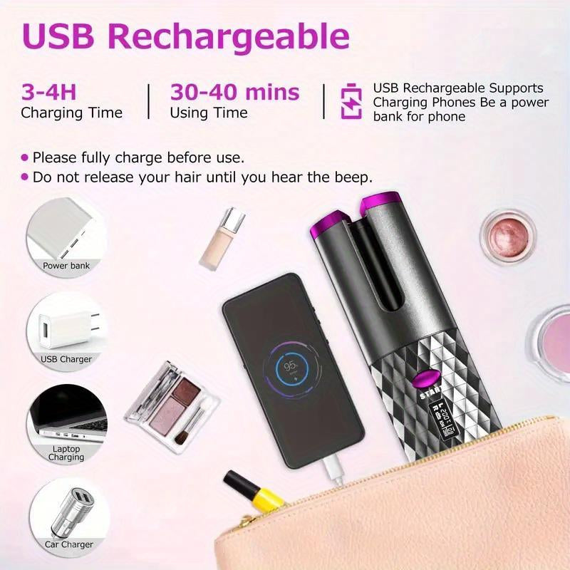 5000Mah LED Cordless Automatic Hair Curler with Ceramic Rotating Barrel, 6 Temperature and Timer Settings, Portable and Rechargeable, Fast Heating Iron for Effortless Styling and Auto Shut-Off Adjustable Comfort