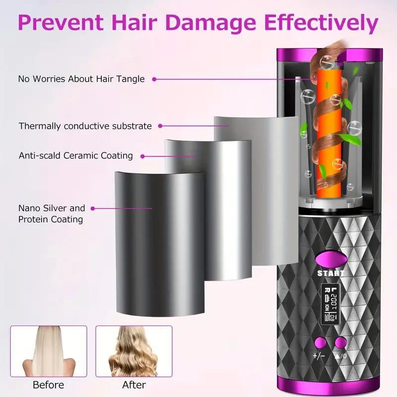 5000Mah LED Cordless Automatic Hair Curler with Ceramic Rotating Barrel, 6 Temperature and Timer Settings, Portable and Rechargeable, Fast Heating Iron for Effortless Styling and Auto Shut-Off Adjustable Comfort
