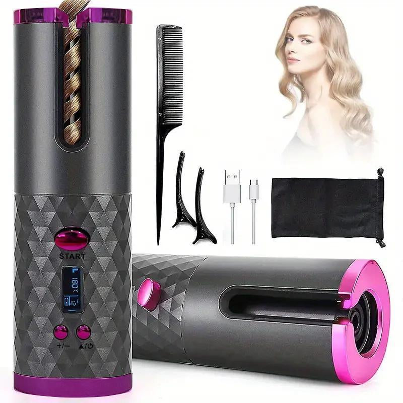 5000Mah LED Cordless Automatic Hair Curler with Ceramic Rotating Barrel, 6 Temperature and Timer Settings, Portable and Rechargeable, Fast Heating Iron for Effortless Styling and Auto Shut-Off Adjustable Comfort