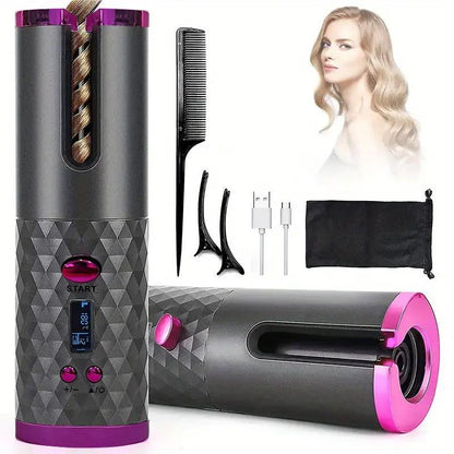 5000Mah LED Cordless Automatic Hair Curler with Ceramic Rotating Barrel, 6 Temperature and Timer Settings, Portable and Rechargeable, Fast Heating Iron for Effortless Styling and Auto Shut-Off Adjustable Comfort