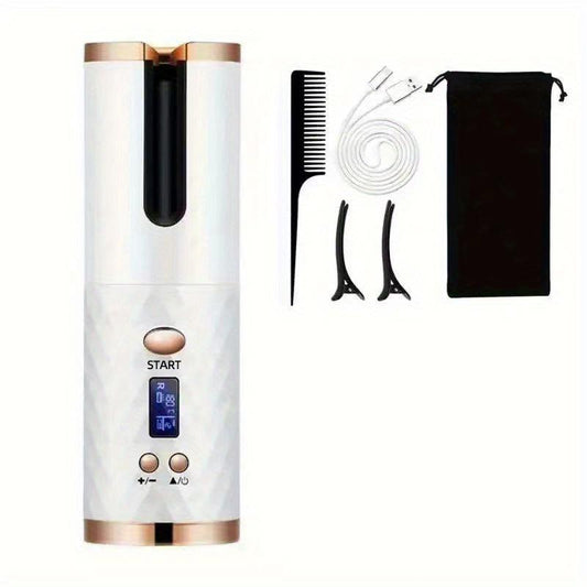 5000Mah LED Cordless Automatic Hair Curler with Ceramic Rotating Barrel, 6 Temperature and Timer Settings, Portable and Rechargeable, Fast Heating Iron for Effortless Styling and Auto Shut-Off Adjustable Comfort