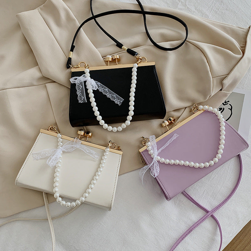 Summer Retro Leather Small Square Bag, Pearl Clip, Shoulder Messenger Bag, Simple Style Handbag My Store