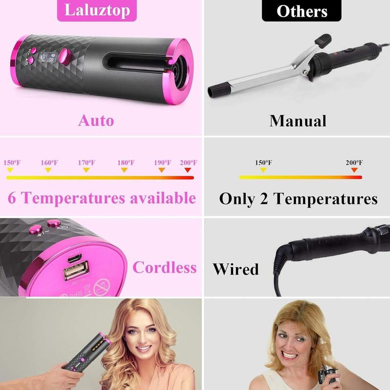5000Mah LED Cordless Automatic Hair Curler with Ceramic Rotating Barrel, 6 Temperature and Timer Settings, Portable and Rechargeable, Fast Heating Iron for Effortless Styling and Auto Shut-Off Adjustable Comfort